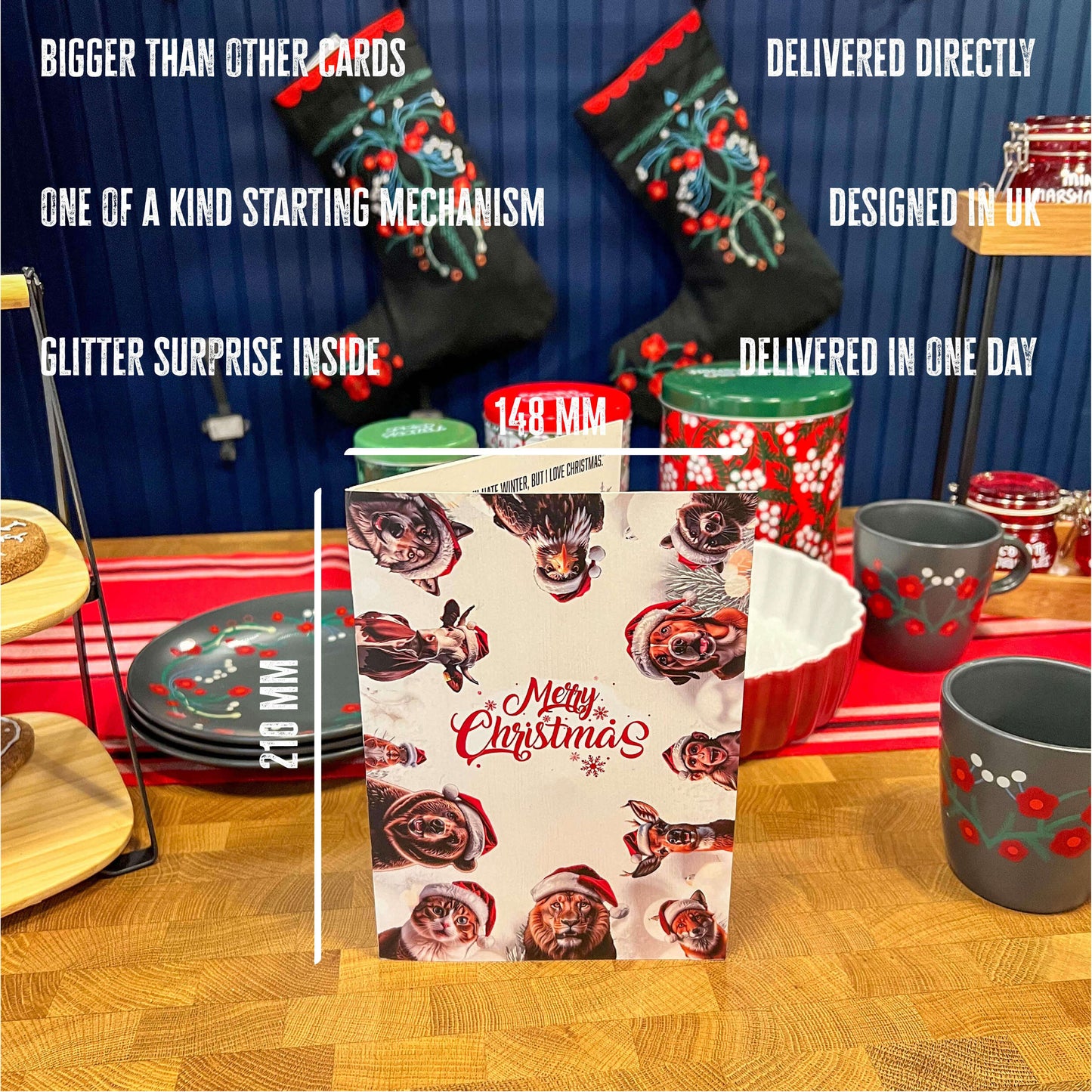 Front of the Unstoppable Singing Christmas Card, ready to bring laughter with non-stop music and a glitter surprise. Great for holiday gifting or pranking.