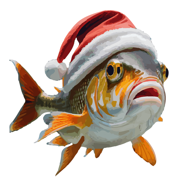 Festive fish wearing a Santa hat – cute holiday design element on the Unstoppable Singing Christmas Card.