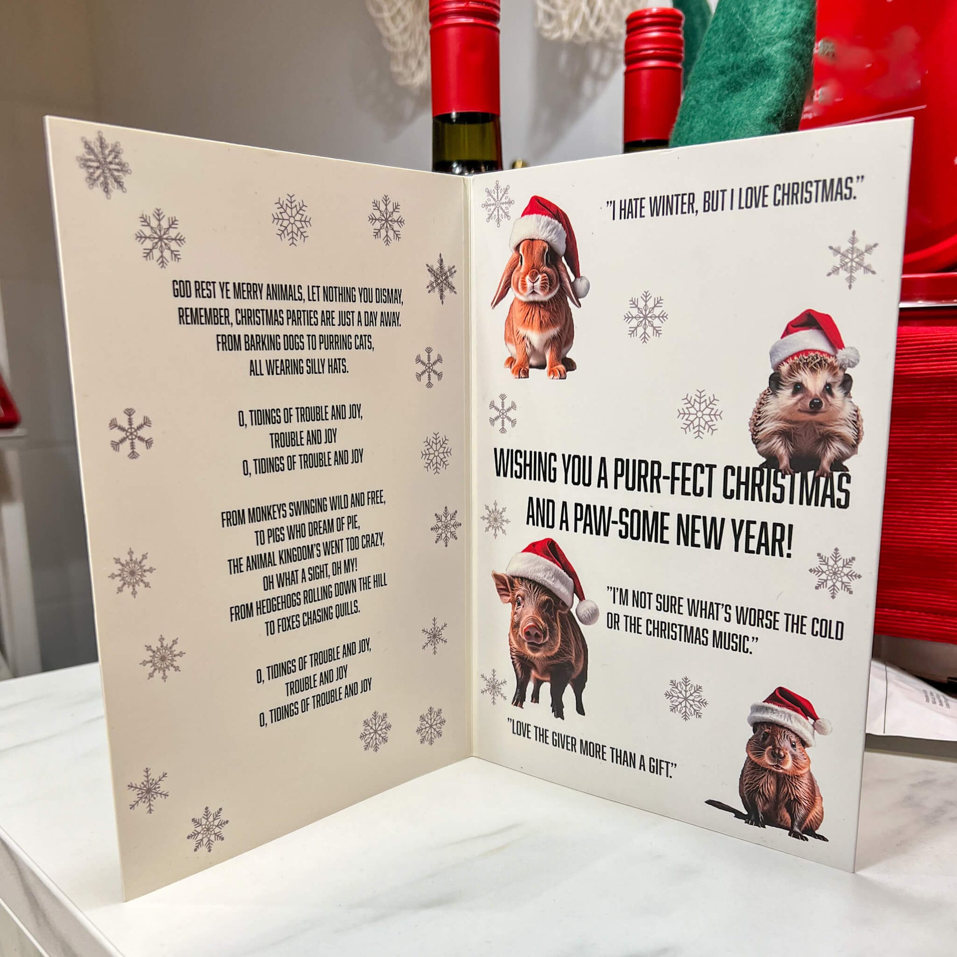 Inside view of the Unstoppable Singing Christmas Card, revealing glitter that adds sparkle to the unstoppable holiday carol. Ideal for bringing laughter and festive cheer to friends and family.