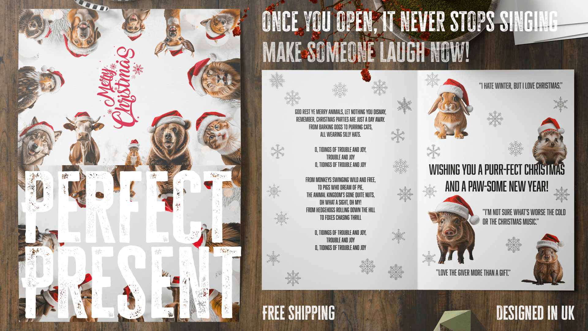 Inside view of the unstoppable Christmas card, showing the glitter that accompanies the endless carol. Make holiday memories with this funny, festive card for family, friends, and kids!